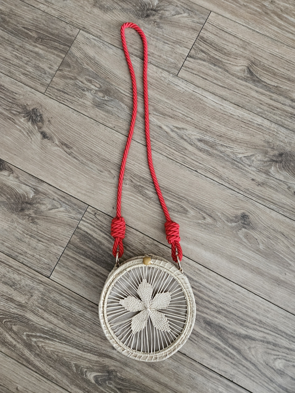 Handwoven Round Crossbody Bag with Red Strap
